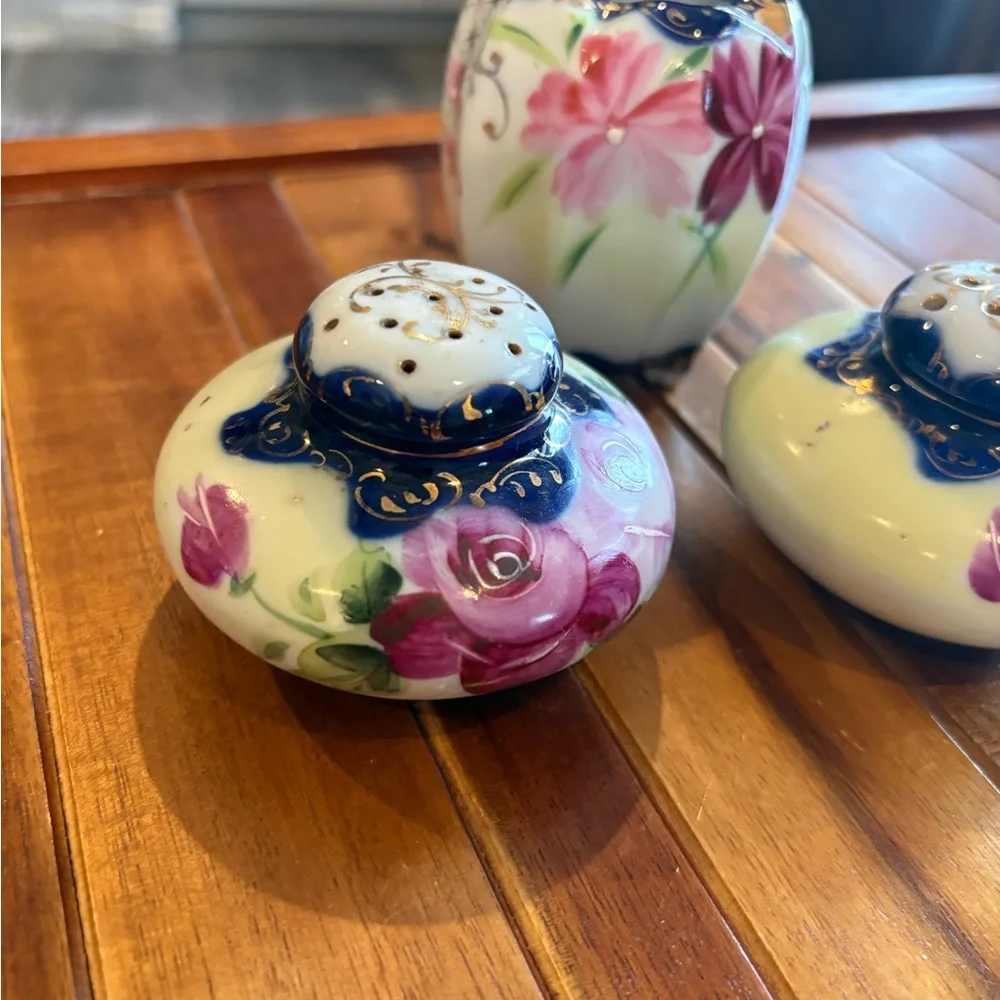 Vintage Japanese Floral Ceramic Vase Toothpick Holder and Shakers Set